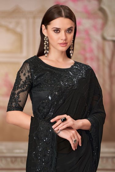 Party Style Georgette Black Supreme Lace Border Work Saree With Embroidered Blouse