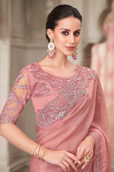 Georgette Lace Border Work Pink Saree