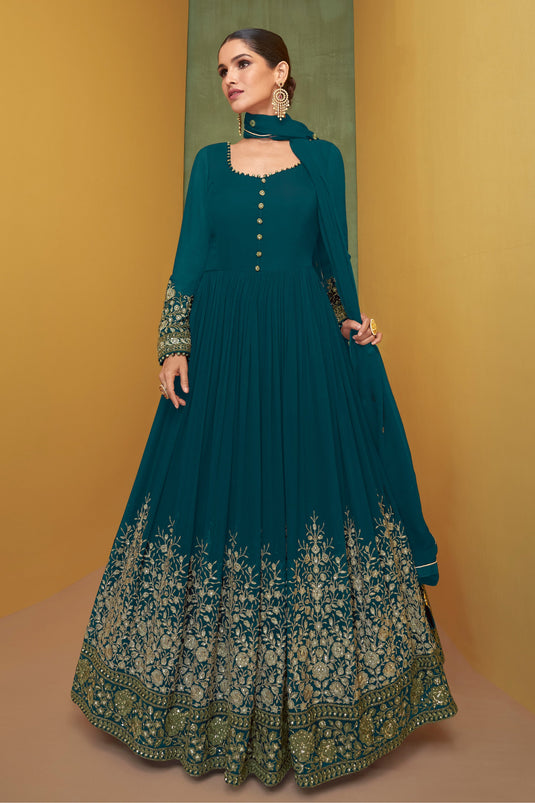Vartika Singh Georgette Fabric Teal Color Winsome Anarkali Suit