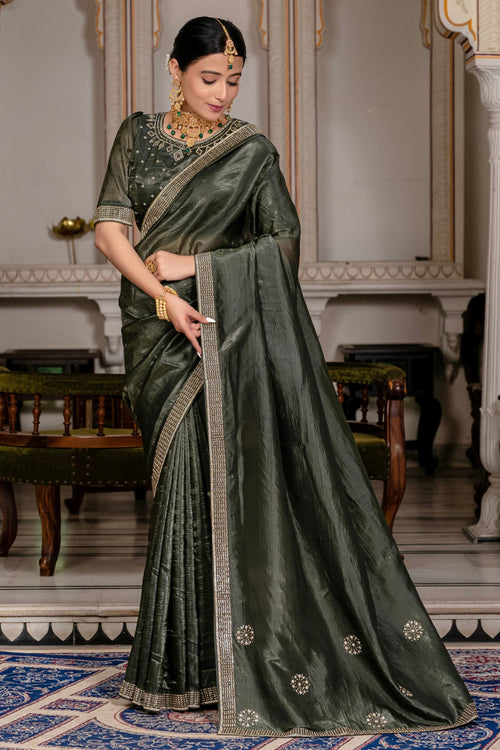 Fancy Fabric Stone Work Saree In Grey Color