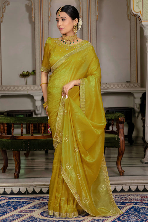 Yellow Party Wear Fancy Fabric Stone Work Saree