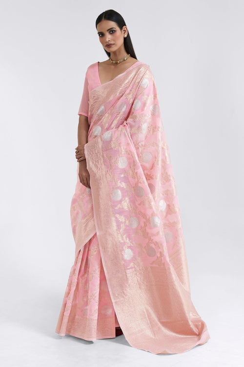 Pink Linen Zari Weaving Work Wedding Wear Saree