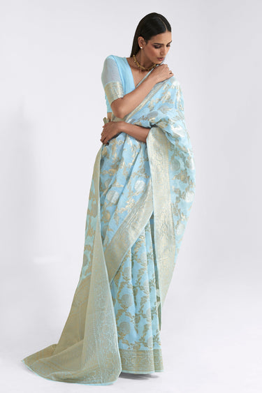 Linen Zari Weaving Work Sky Blue Saree