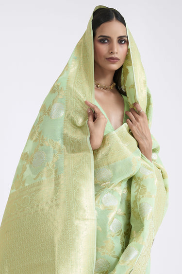 Sea Green Linen Zari Weaving Work Saree For Wedding Wear