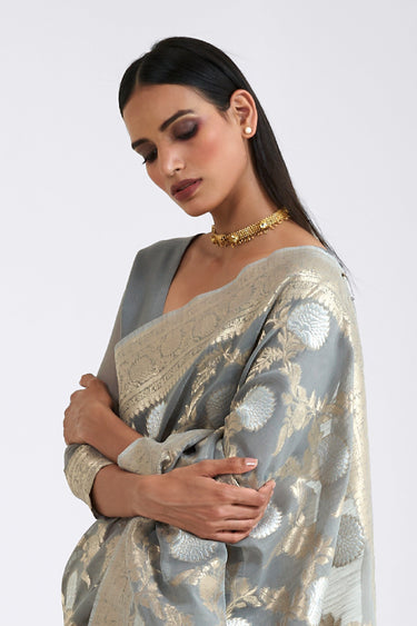 Wedding Wear Linen Zari Weaving Work Saree In Grey Color