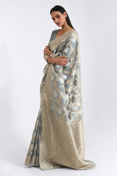 Wedding Wear Linen Zari Weaving Work Saree In Grey Color