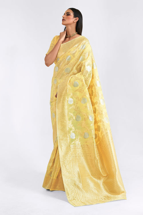 Linen Zari Weaving Work Saree In Yellow Color