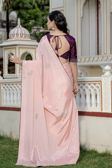 Chinon Stone Border Work Pink Saree