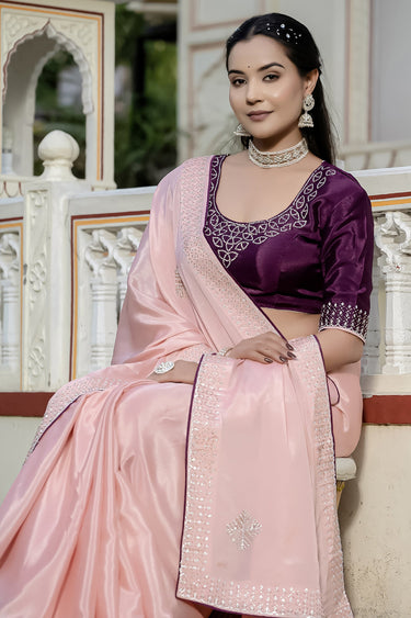 Chinon Stone Border Work Pink Saree