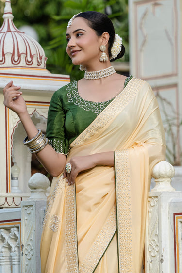 Beige Chinon Stone Work Sangeet Wear Saree