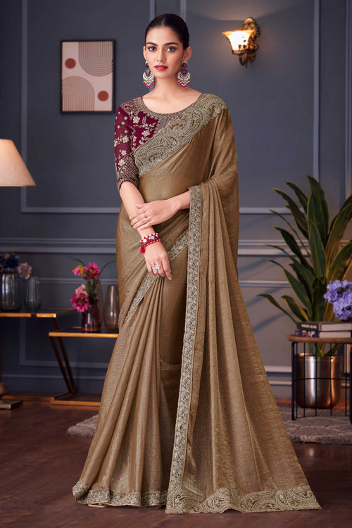 Art Silk Embroidered Lace Border Work Brown Saree