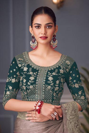 Sangeet Wear Art Silk Embroidered Lace Border Work Saree In Dark Beige Color