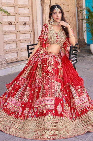 Vintage Red Color Festive Look Chinon Silk Lehenga Choli