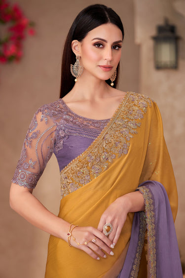 Excellent Chiffon Fabric Mustard Color Saree With Border Work