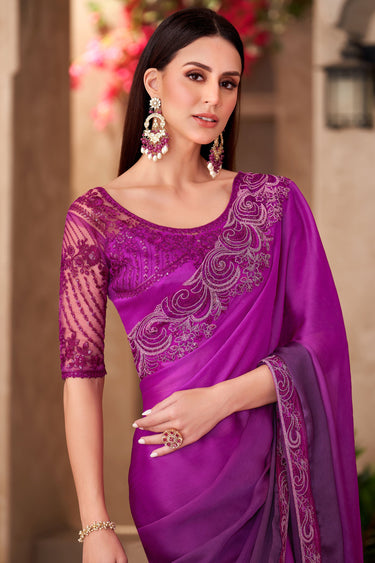 Tempting Chiffon Fabric Purple Color Saree With Border Work