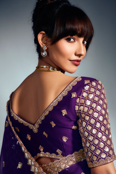 Organza Fabric Purple Color Patterned Saree With Fancy Heavy Work