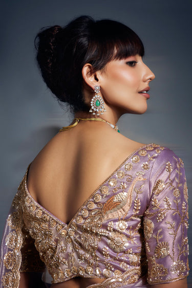 Beguiling Fancy Heavy Work On Lavender Color Organza Fabric Saree