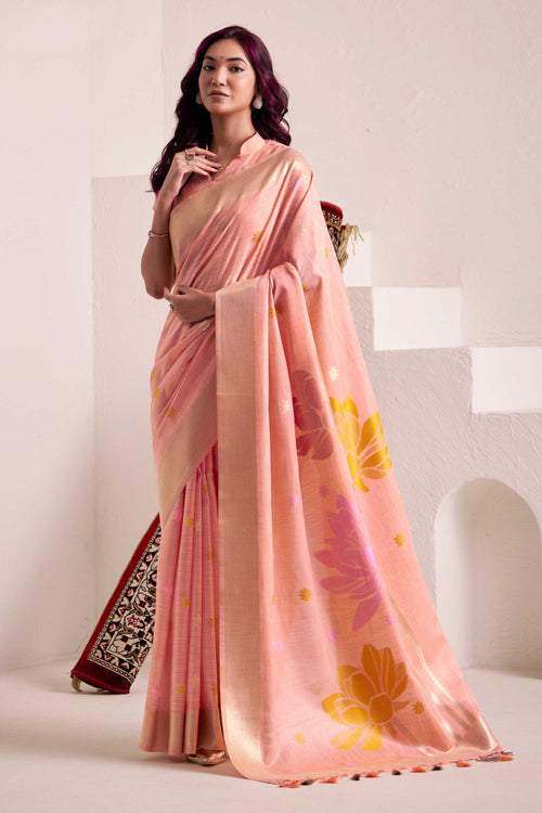 Peach Linen Jacquard Border Traditional Saree