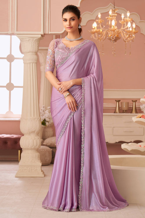 Lavender Chiffon Lace Border Work Party Wear Saree
