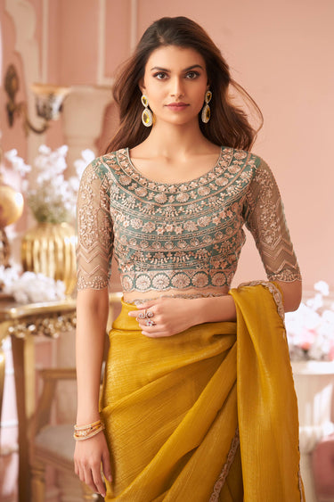 Georgette Lace Border Work Mustard Saree