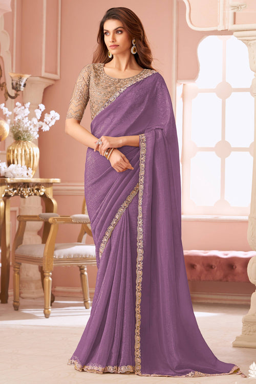 Purple Georgette Lace Border Work Saree For Sangeet Wear