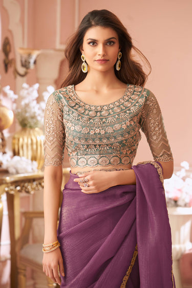 Georgette Lace Border Work Saree In Wine Color