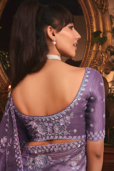 Organza Fabric Lavender Color Excellent Saree With Border Work