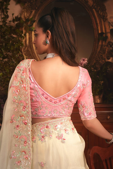 Organza Fabric Beige Color Patterned Saree With Border Work