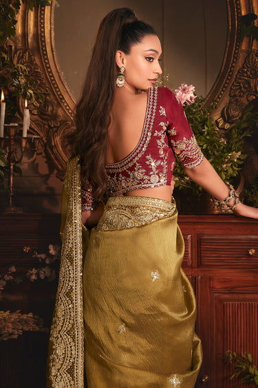 Dark Beige Color Organza Fabric Engaging Saree With Border Work