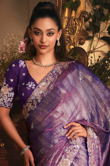 Incredible Border Work On Organza Fabric Purple Color Saree