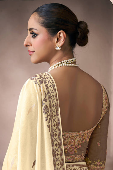 Viscose Cotton Embroidered Work Saree In Beige Color