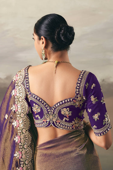 Tissue Fabric Purple Sangeet Wear Saree