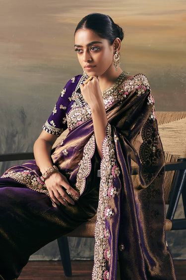 Tissue Fabric Purple Sangeet Wear Saree