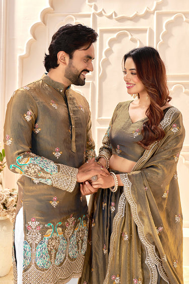 Dark Beige Art Silk Sangeet Wear Readymade Kurta For Men