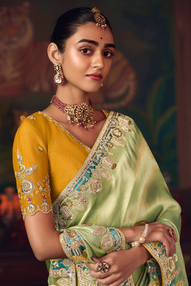 Sea Green Silk Border Work Sangeet Wear Saree
