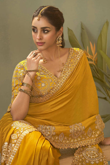 Embroidered Art Silk Yellow Function Wear Saree