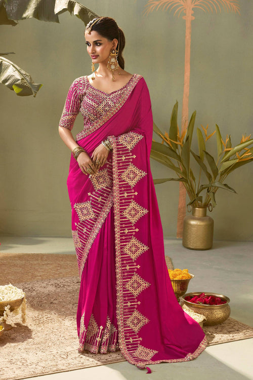 Art Silk Embroidered Rani Saree For Festive Wear