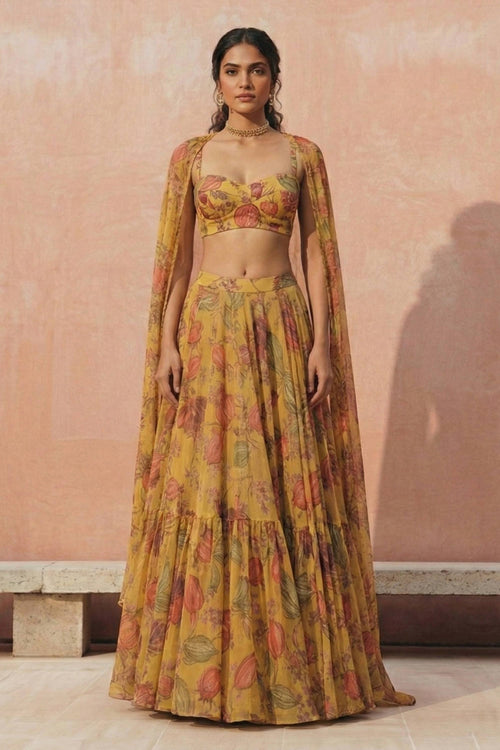 Printed Georgette Fabric Mustard Readymade Lehenga Choli For Function Wear