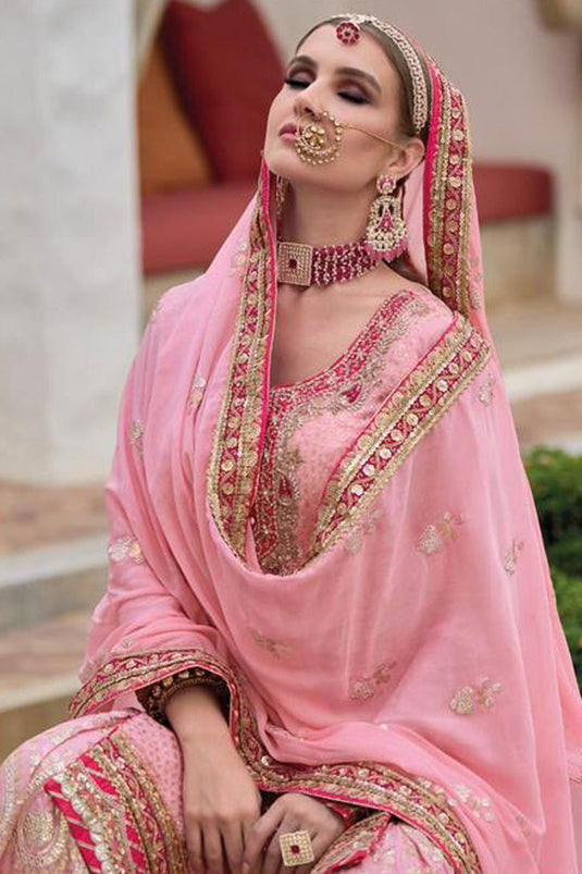 Blazing Pink Color Party Wear Chinon Fabric Readymade Sharara Suit