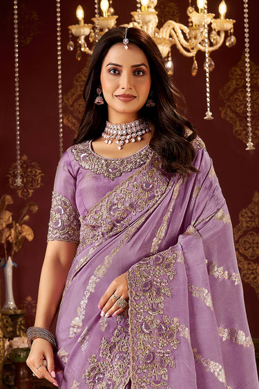 Lavender Embroidered Border Work Art Silk Festive Wear Saree