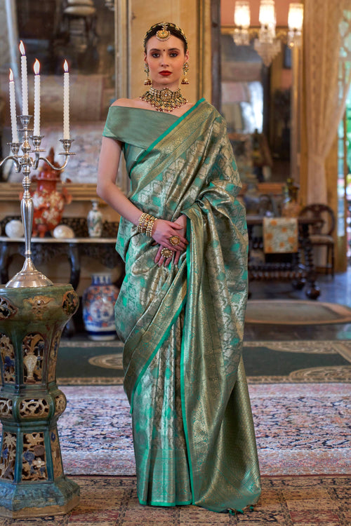 Sea Green Function Wear Weaving Work Saree