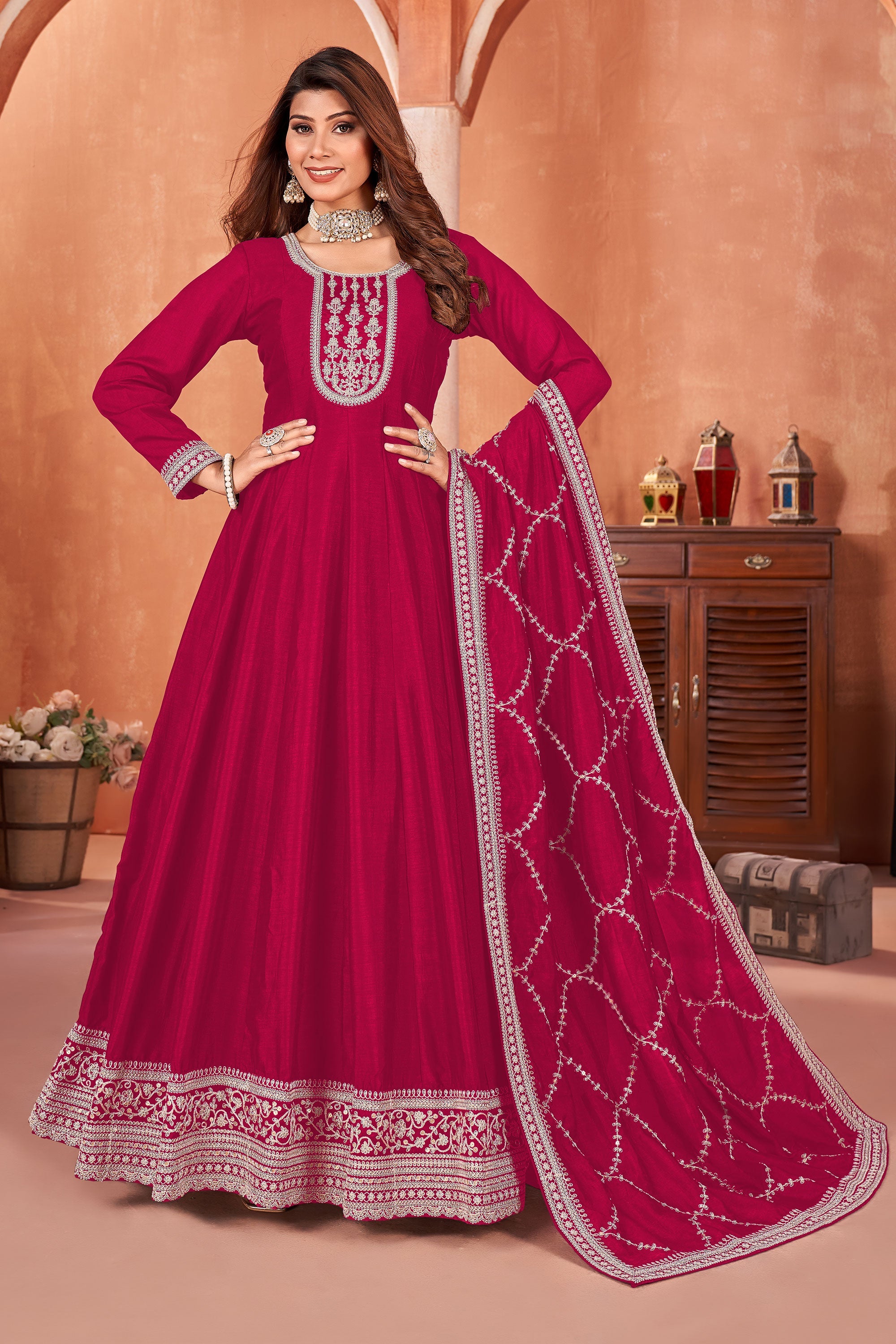 Buy Dazzling Art Silk Fabric Rani Color Function Wear Anarkali Suit