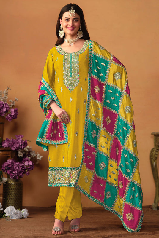 Dazzling Chinon Silk Fabric Yellow Color Designer Suit With Multi Color Dupatta