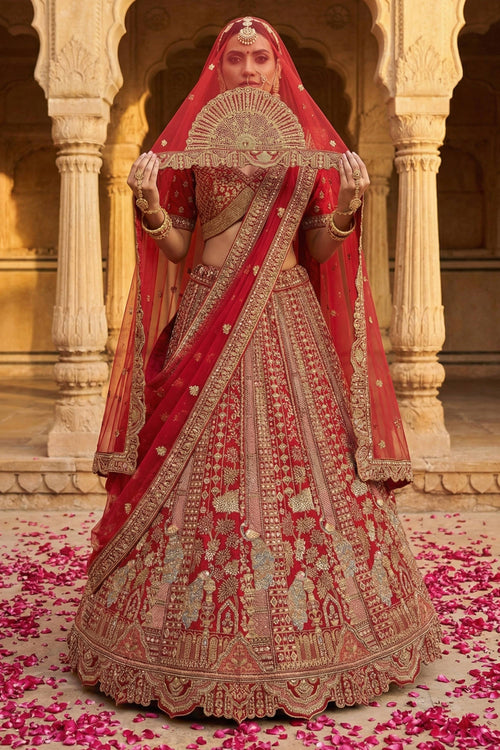 Heavy Embroidered Silk Fabric Red Bridal Lehenga Choli