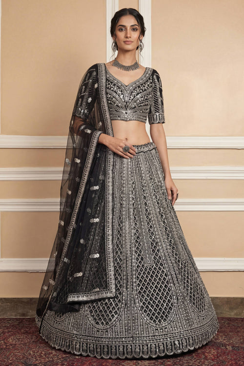 Net Fabric Sequins Embroidered Black Wedding Wear Lehenga Choli With Dupatta