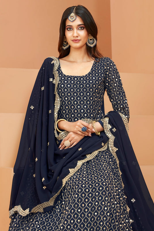 Georgette Fabric Sequins Work Beatific Anarkali Suit In Navy Blue Color