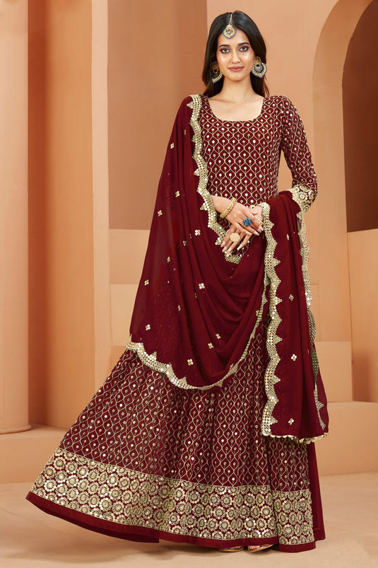 Sequins Work Maroon Color Inventive Anarkali Suit In Georgette Fabric