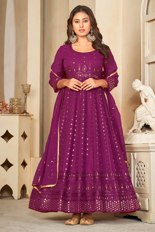 Georgette Fabric Wine Color Excellent Sequins Embroidered Anarkali Suit