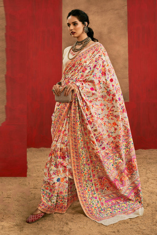 Printed Cotton Fabric Off White Saree For Festive Wear