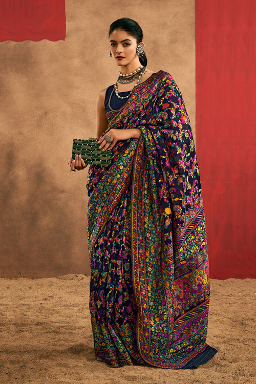 Navy Blue Festive Wear Printed Cotton Fabric Saree